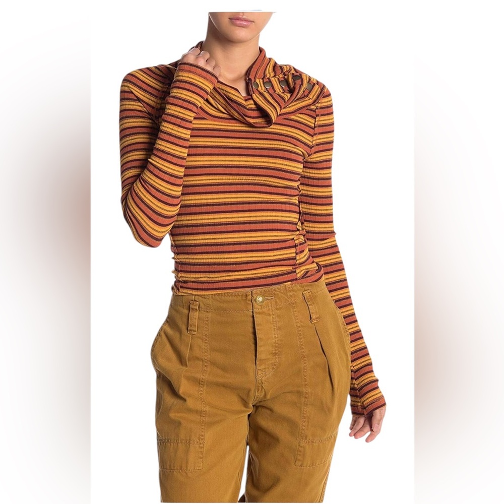 Free‎ People Cowl Neck Top Womens XS Orange Striped Ribbed Boho Cotton Blend